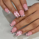 Qfdian 24Pcs French Pink Press on Nails Short Square Head Fake Nails with Flower Rhinestone Design Wearable Finished False Nail Tips