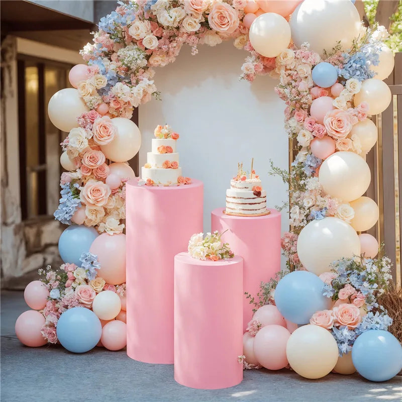 Qfdian White Cylinder Pedestal Stand Covers Set of 3 Round Elastic Cloth Pillar Plinth Cover for Birthday Wedding Party Baby Decoration