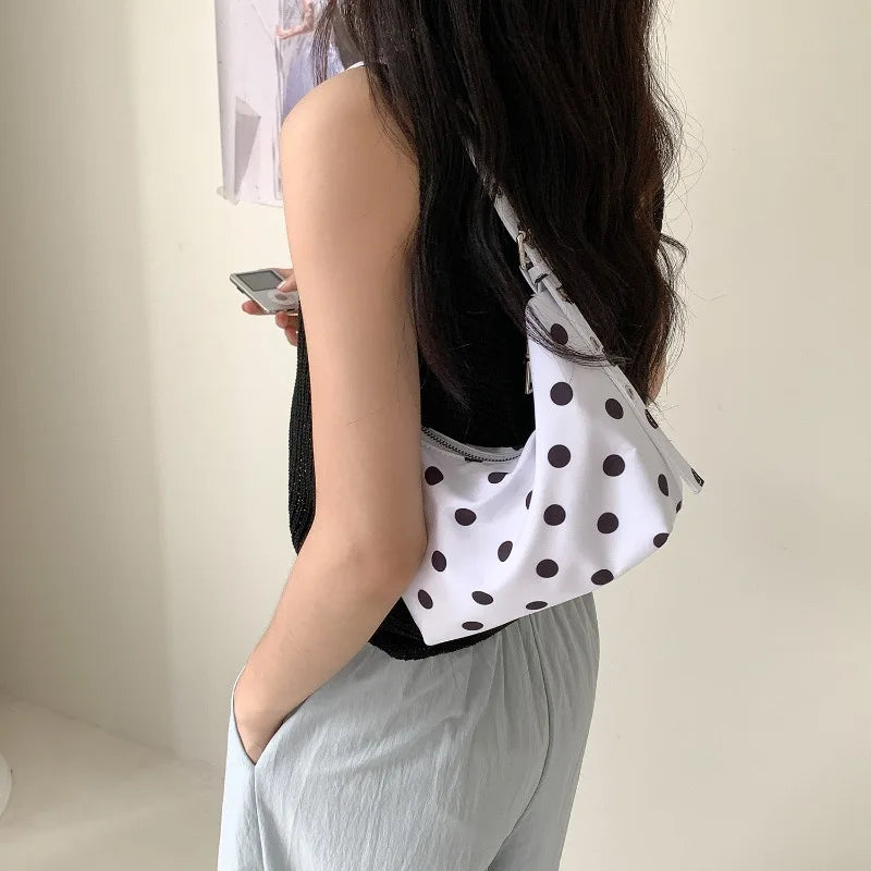 Qfdian Nylon Casual All Match Fashion Dot Shoulder Bags Women Y2k Aesthetic Simple Underarm Bag Vintage Office Lady Purses and Handbags