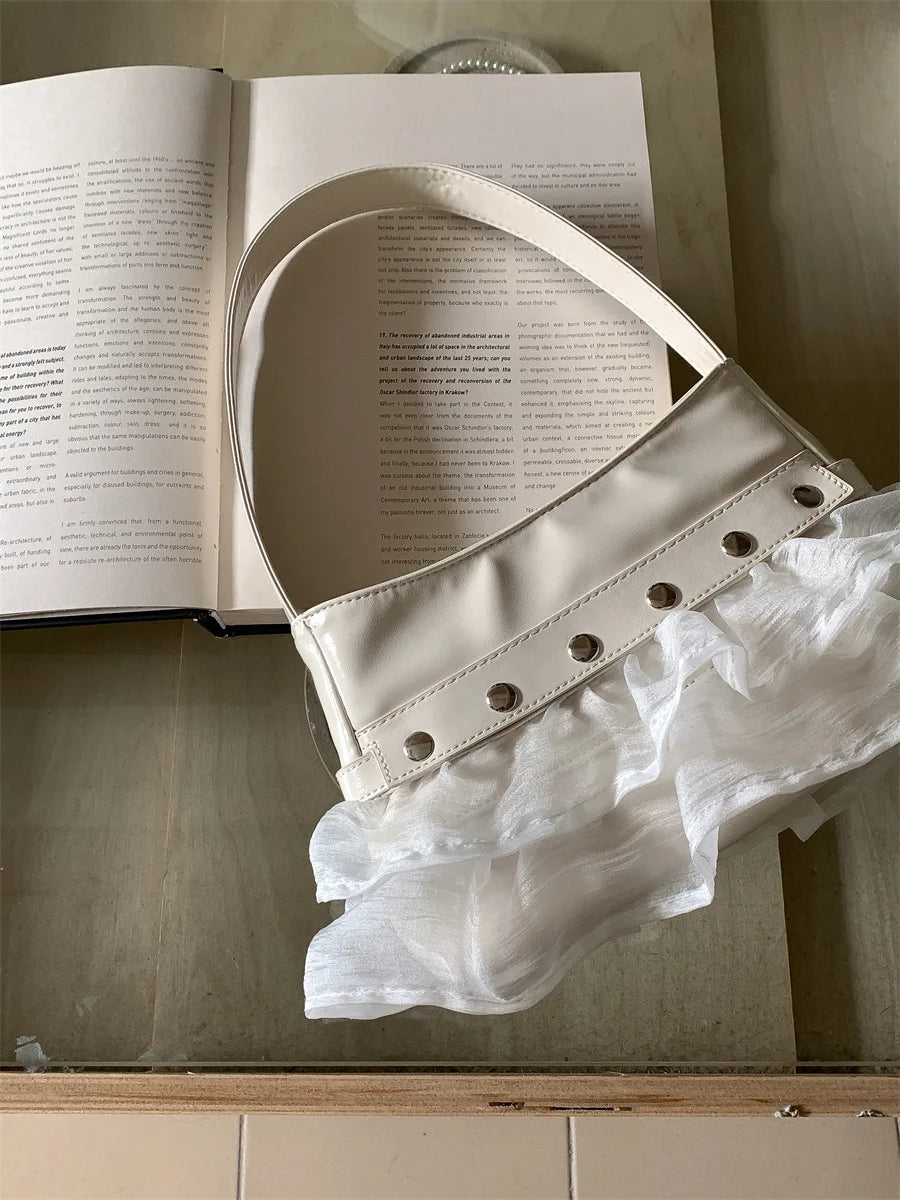 Qfdian Women Sweet Pleated Gauze Patchwork Rivet Handbags Fashion Fairy Y2k Aesthetic Shoulder Bags Office Lady All Match Underarm Bag