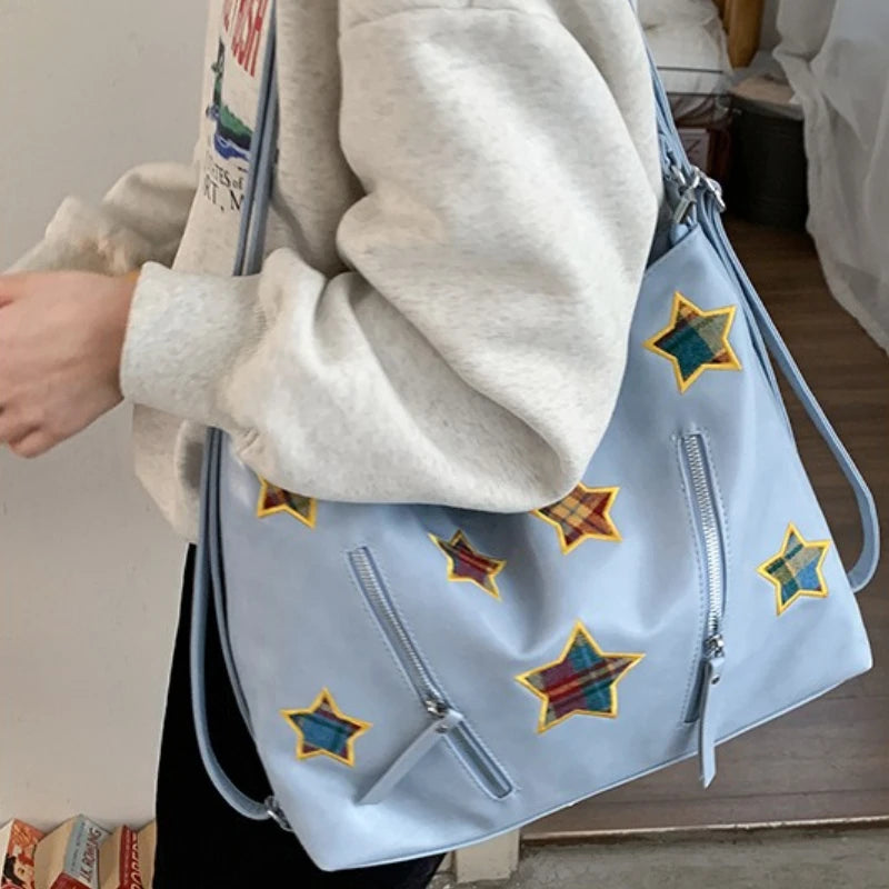 Qfdian Fashion Preppy Backpacks Casual Plaid Star Embroidery Crossbody Bags All Match Women Y2k Aesthetic Shoulder Handbags Streetwear