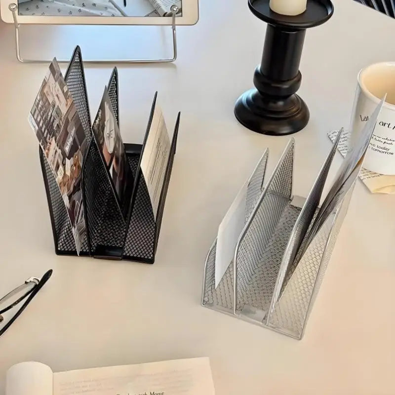 Qfdian 1 Pcs Black Desktop Office Storage Grid Metal Three-layer Business Card File Office Supplies Storage Rack