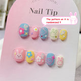 Qfdian Cute Rabbit Handmade Press on Nails Fake Nails Short Round Head Manicure Nail Art Kawaii False Nails Full Cover Finger Tips Girl
