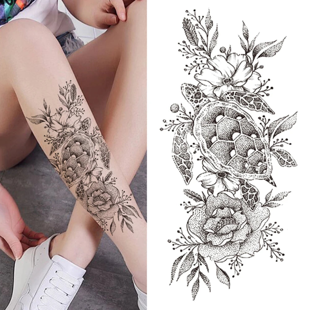 Qfdian Black Sexy Flower Waterproof Temporary Tattoos Sticker Rose Snake Lion Women Body Arm Painting Realistic Fake Tattoo