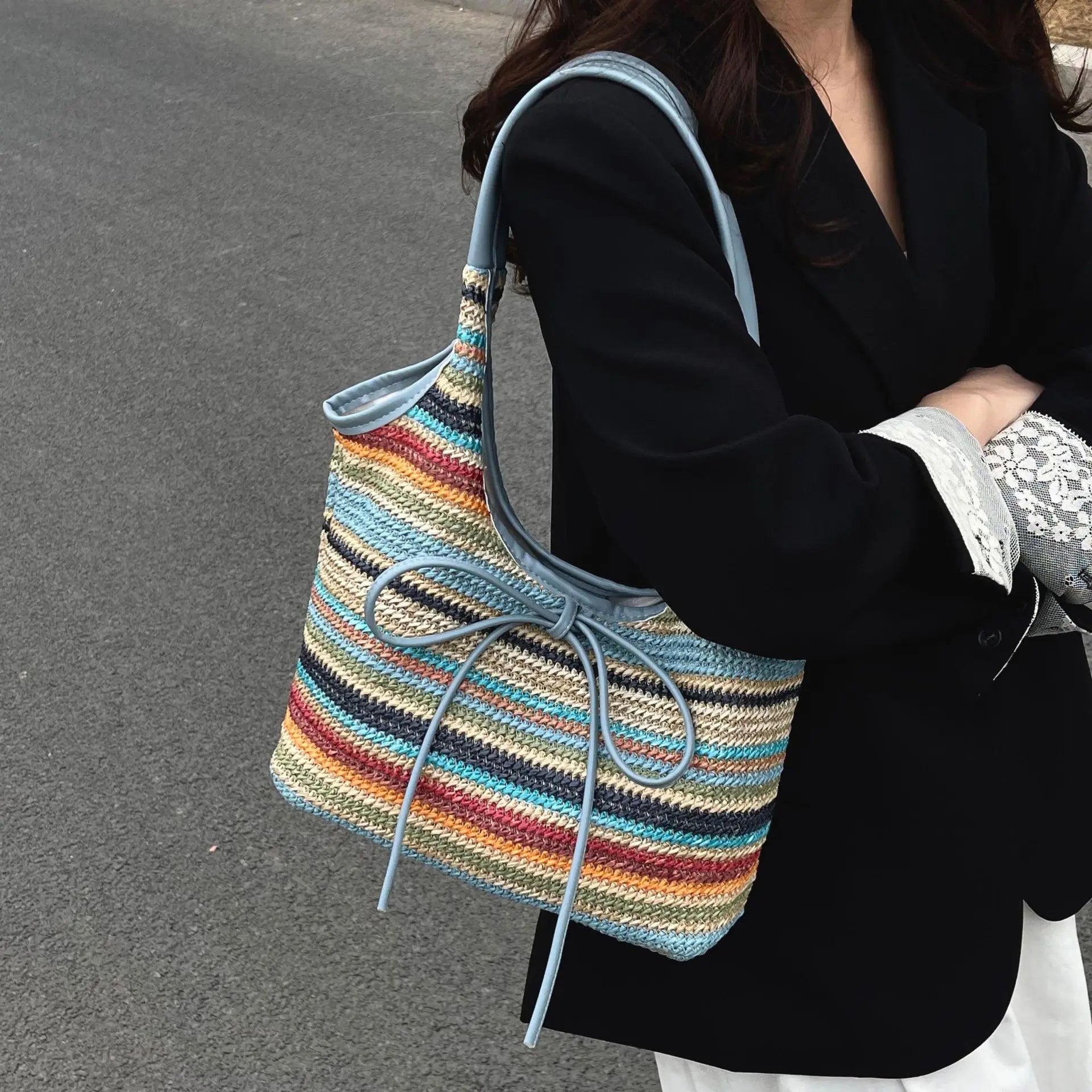 Qfdian Large capacity simple casual armpit bag, fashionable woven bag, beach shoulder bag