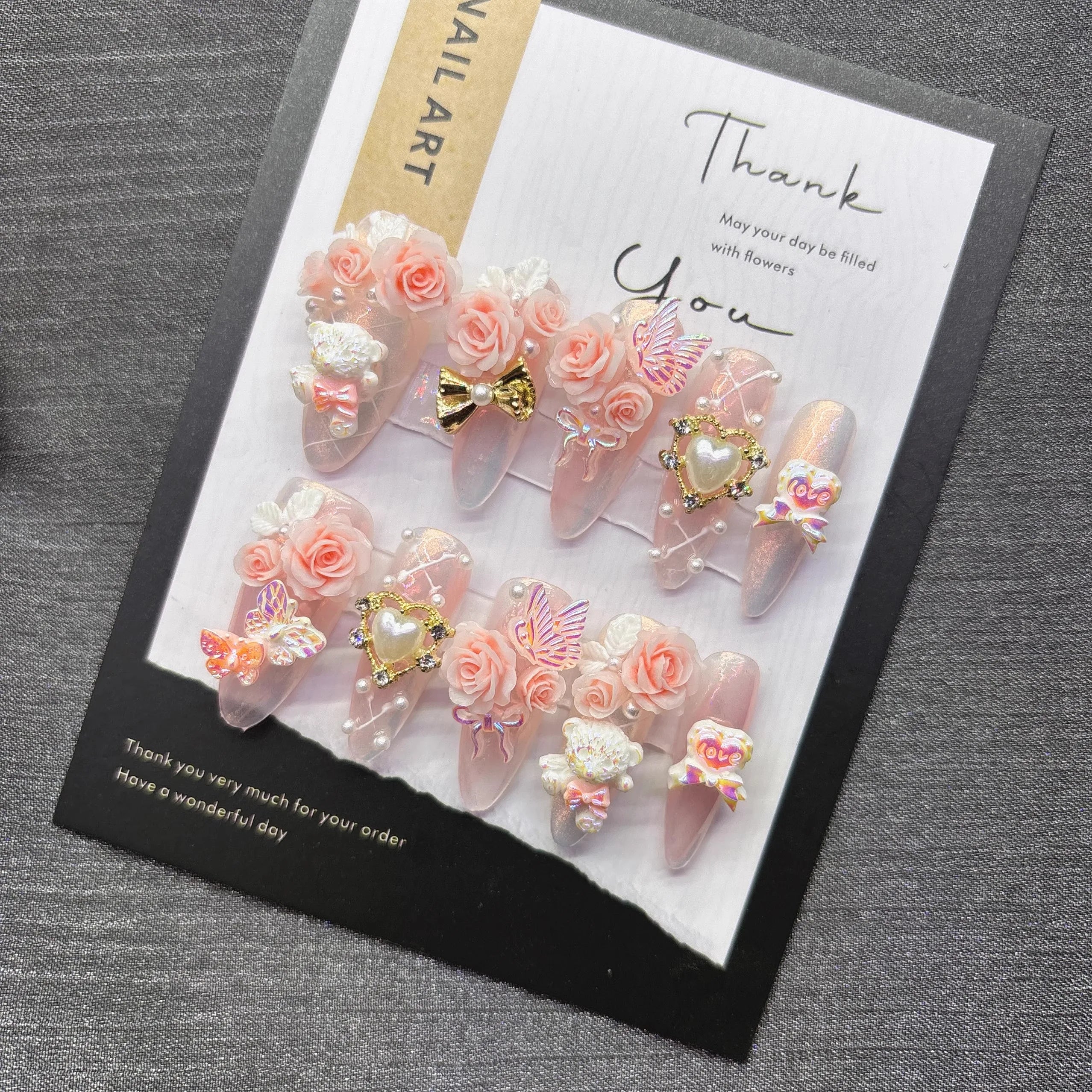 Qfdian Sweet Princess Romantic Press on Nail Light Pink Glitter with Butterfly Bear Charm Cute Fake Nails for Date Night Snug No Damage