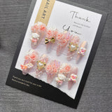 Qfdian Sweet Princess Romantic Press on Nail Light Pink Glitter with Butterfly Bear Charm Cute Fake Nails for Date Night Snug No Damage