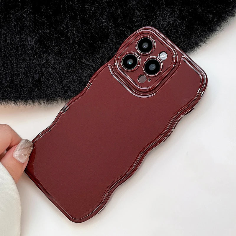 Qfdian Retro Wine Red Wavy Edge Bumper Phone Case For iPhone 16 Pro Max 15 13 11 12 14 Plus Soft Silicone Back Cover Shell
