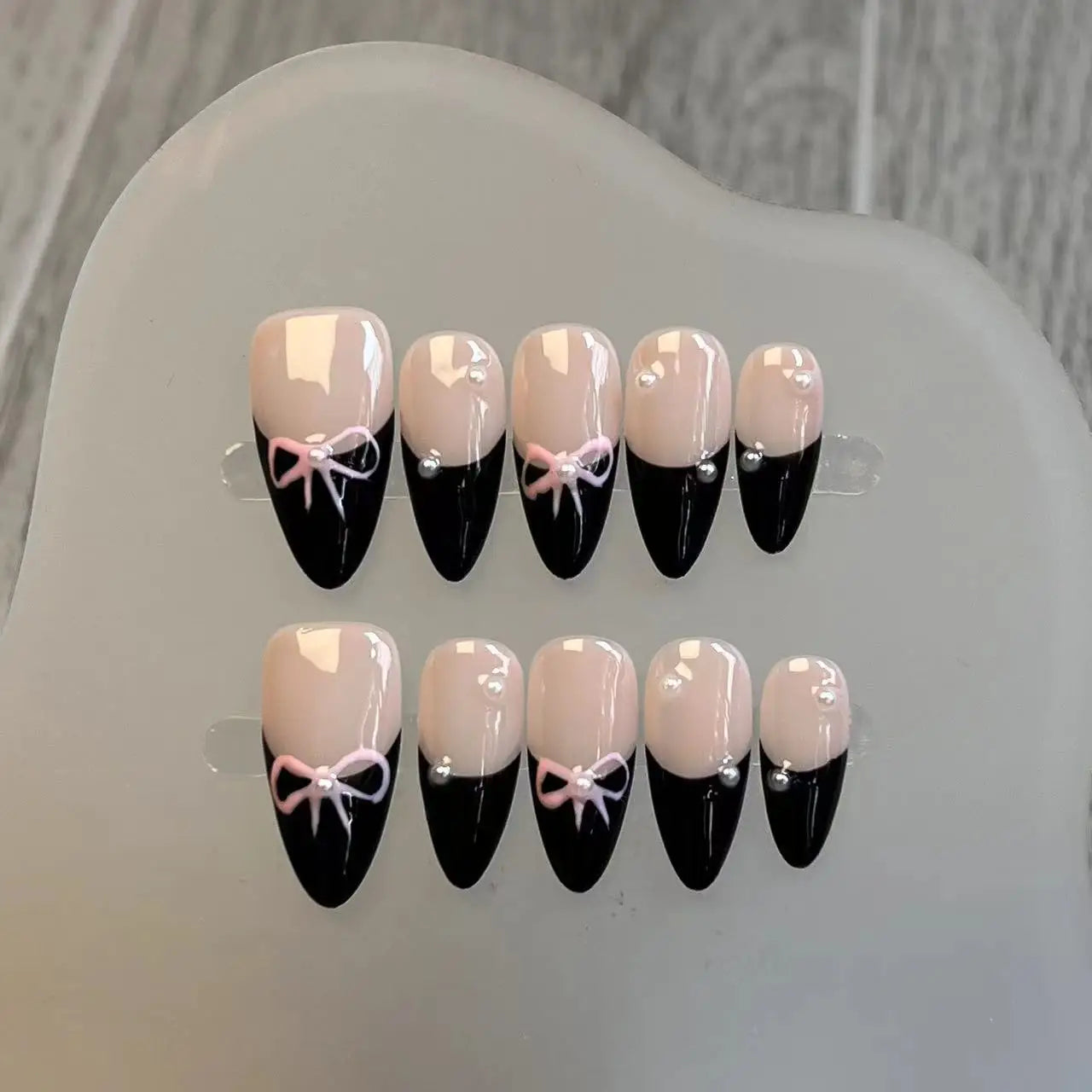 10PCS Handmade French Nails Long Press on Acrylic Fake Nails with Bow Press on Design Full Cover Fake Nail Decorations Tips