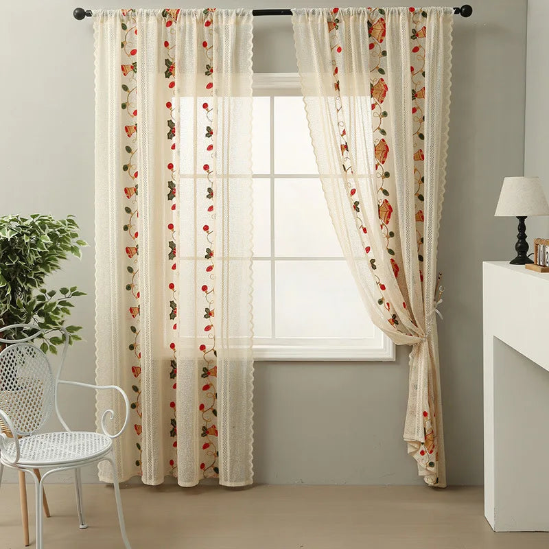 Qfdian 78 Inch Christmas Sheer Curtains for Living Room Bedroom Lace Beige Bells Embroidery Home Decorations Rod Pocket Window Curtains