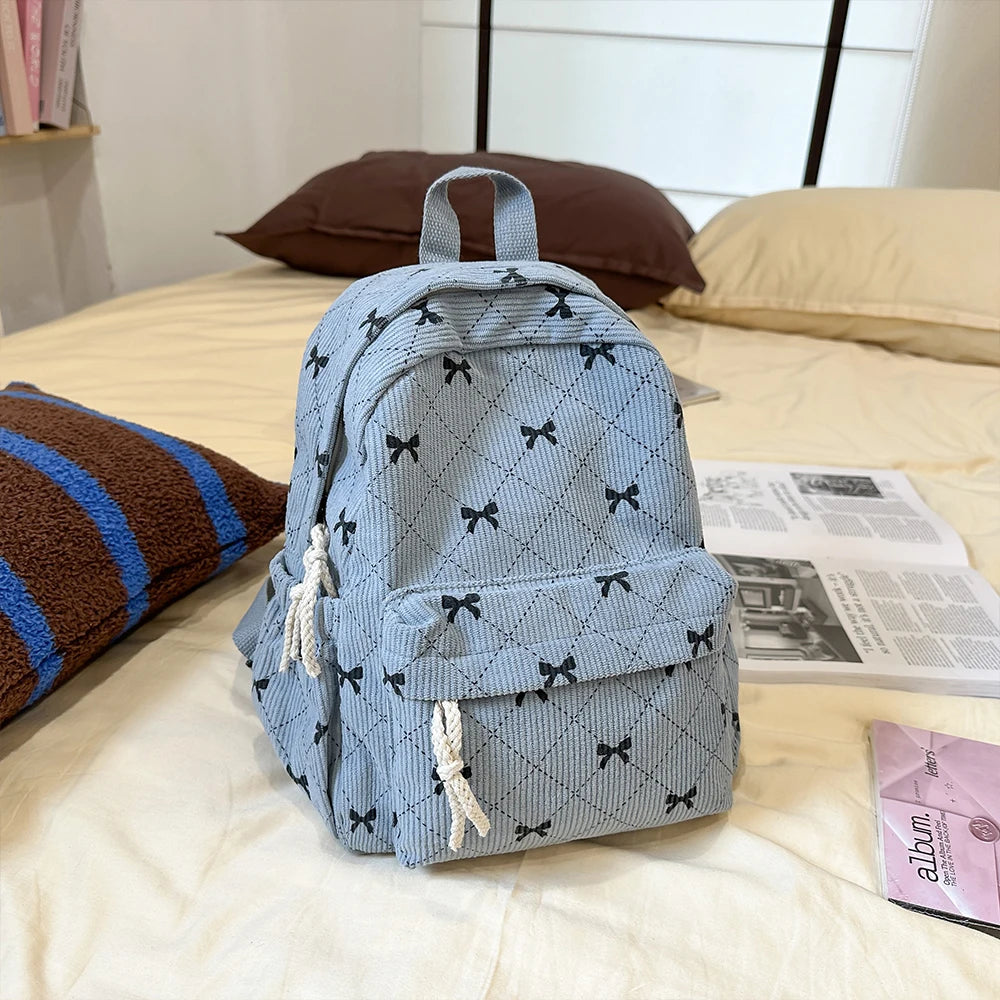 Qfdian Corduroy Small Backpack for Girls, Fashionable and Versatile, Cute Bow Tie Small Backpack, Simple Backpack