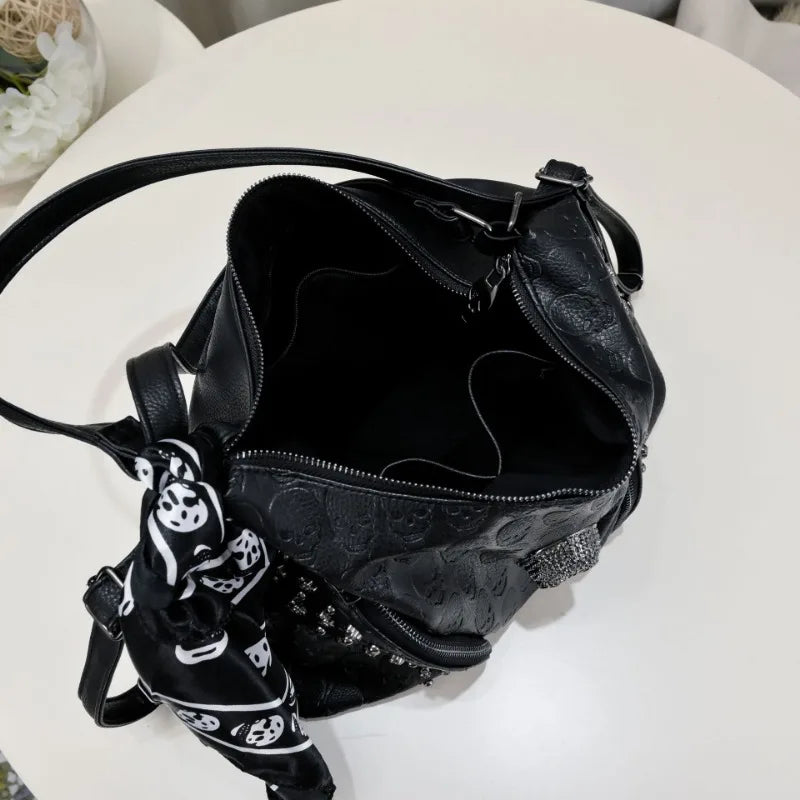 Qfdian Y2k Aesthetic Trendy Casual Tote Bags Vintage All Match Women High-capacity Handbags Fashion Rivet Skull Shoulder Underarm Bag