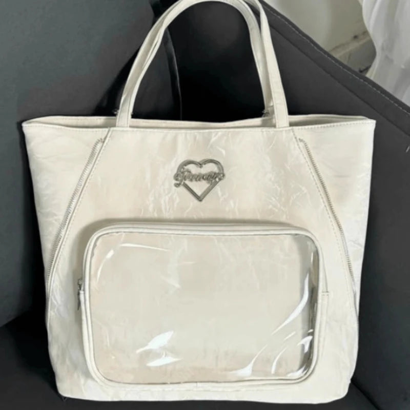 Qfdian Transparent Fashion Heart Tote Bag All Match Simple Y2k Aesthetic Women Handbags Vintage Casual High-capacity Shoulder Ita Bags