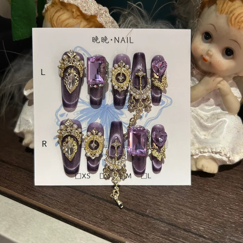 Qfdian 10Pcs High Quality Handmade Press on Nails Purple High-end Heavy Industry Luxury Temperament Bursts With Pure Desire Nail Art