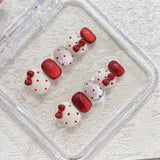 Qfdian 10pcs Handmade Short Cat Eye Dot Red Bow Removable Christmas Press on Nails Acrylic Cute Fake Nails Sweet False Nails for Hands