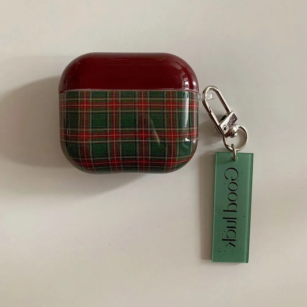 Qfdian Retro Style Grid Pattern Gloss Soft Cover Case for AirPods 4/3/2/1 Pro 2 Wireless Bluetooth Earphone Shell Good Lucky Pendant