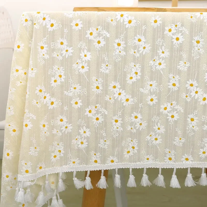 Qfdian Cotton Blend Tablecloth Beige Floral Printed Washable Farmhouse Table Cover for Wedding Party Living Room Baby Shower Decoration