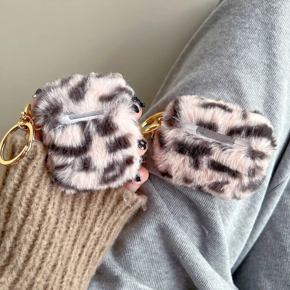 Qfdian Luxury Pink Leopard Print Winter Plush Earphone Case For AirPods 1 2 3 4 Pro 2 Bluetooth Headset Protective Shell With Keychain