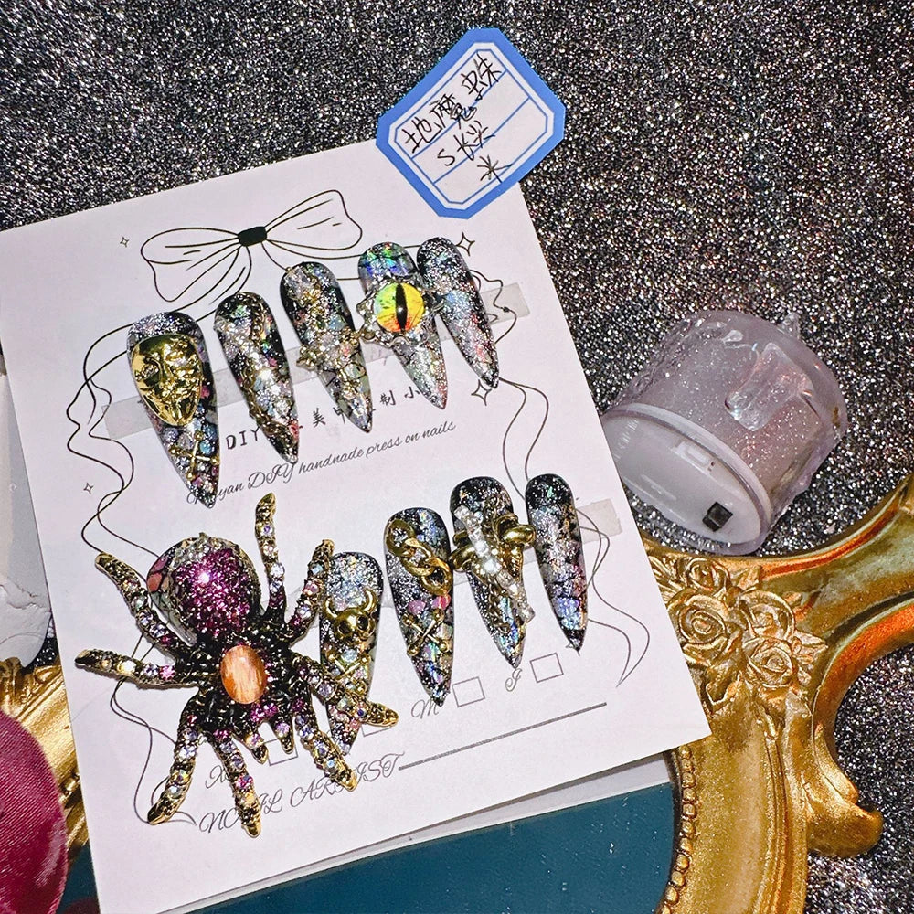 Qfdian 10Pcs High Quality Handmade Press on Nails Earth Demon Spider Dark Super Flash Exaggerated Spider Spicy Girl Personality Gothic