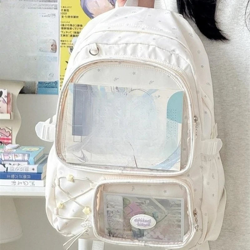 Qfdian High-capacity Y2k Aesthetic Star Print Schoolbags Transparent All Match Casual Ita Bags Sweet Preppy Backpacks for Women Student