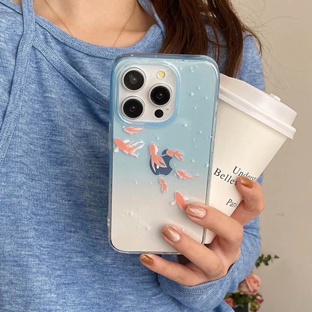 Qfdian Clear Blue Gradient Koi Fish Gloss Mobile Phone Protective Case For iPhone 12 13 14 15 Pro Max Coque For iPhone 16 Pro Max Cover