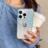 Qfdian Clear Blue Gradient Koi Fish Gloss Mobile Phone Protective Case For iPhone 12 13 14 15 Pro Max Coque For iPhone 16 Pro Max Cover