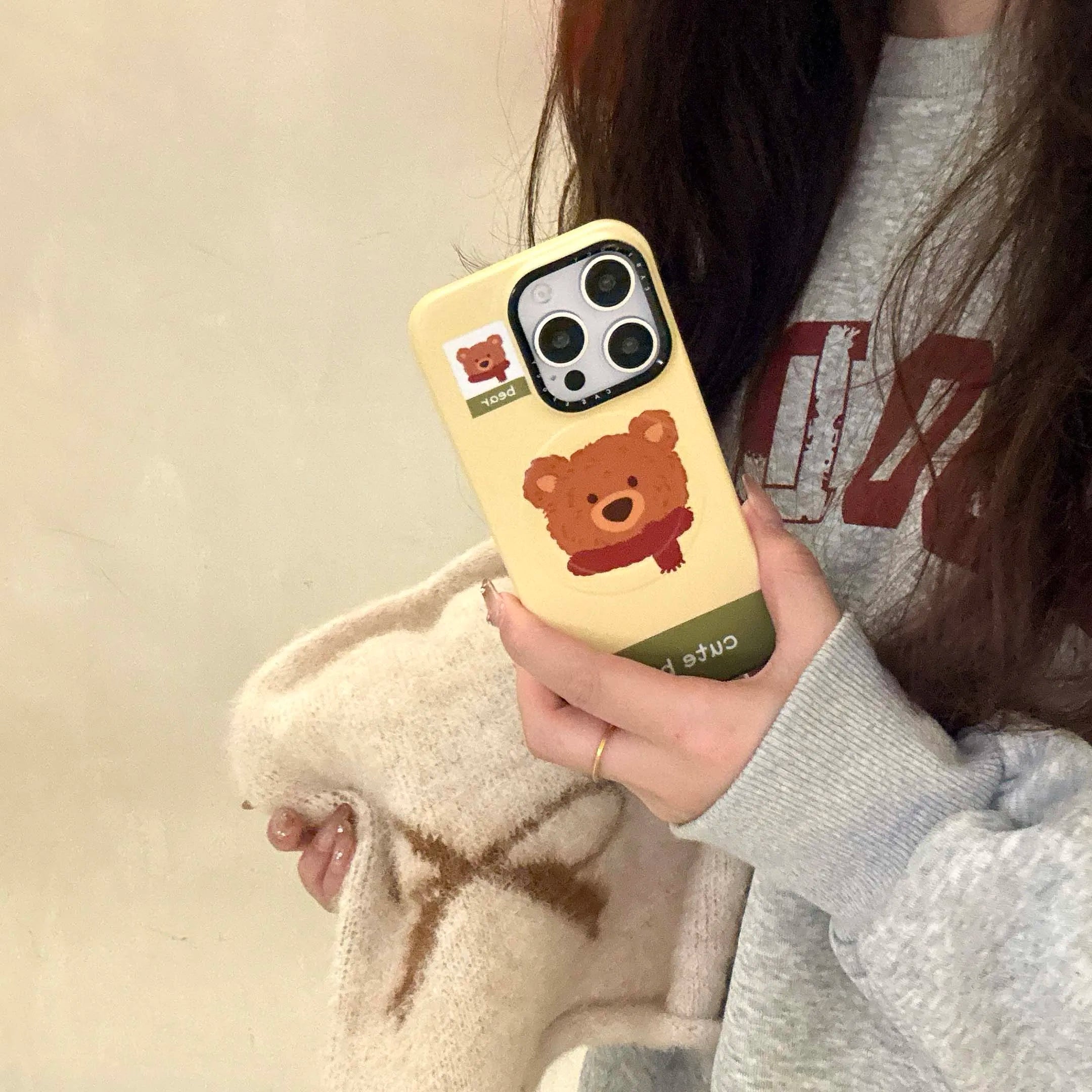 Qfdian Cartoon winter bear cute phone case for iphone 15pro 14promax 13promax 16 14 13 15 pro max magnetic stand holder ins fundas