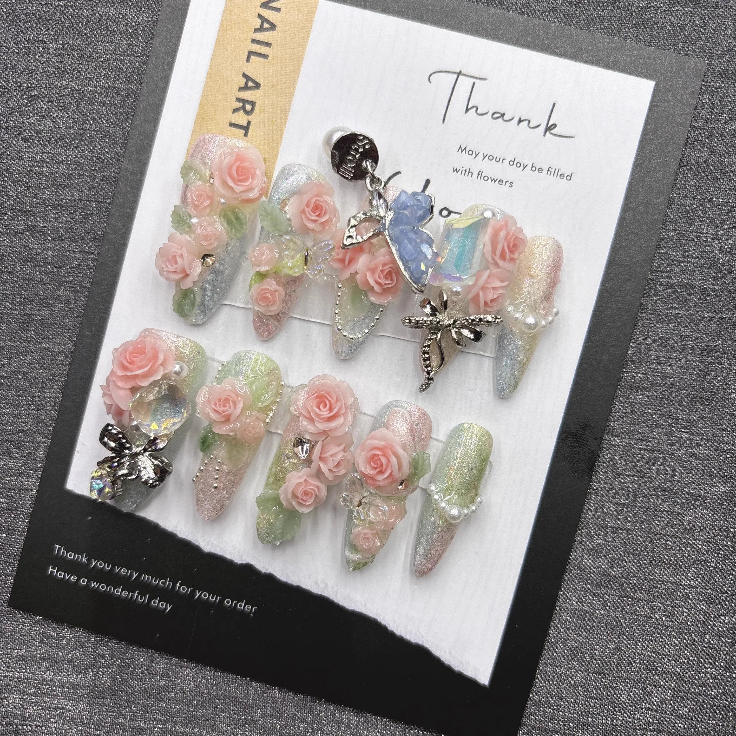 Qfdian Sweet Floral Press On Nails Pink Rose Butterfly Fake Nails For Women Elegant Pearl Rhinestone Party Nails Glamorous Reusable