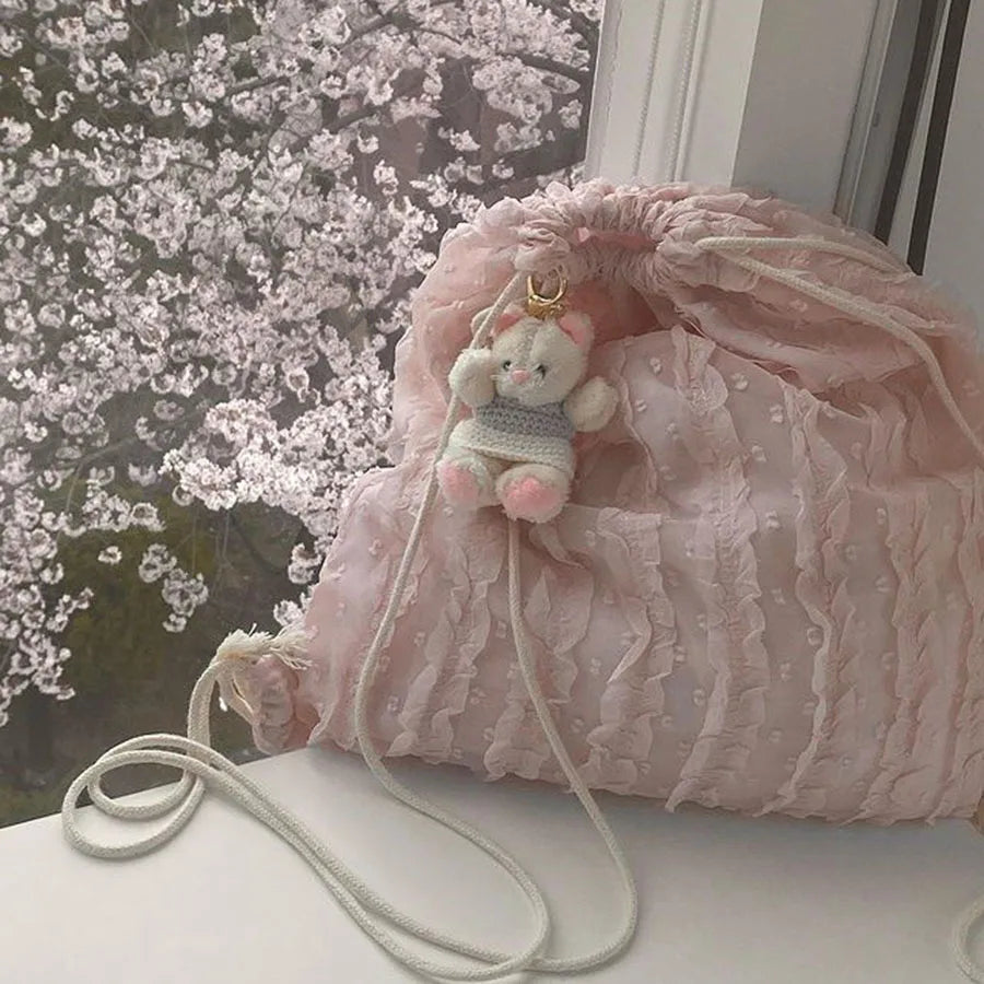 Qfdian Women Lovely Drawstring Backpack Pleated Cloud Shoulder Bag Casual Crossbody Bag