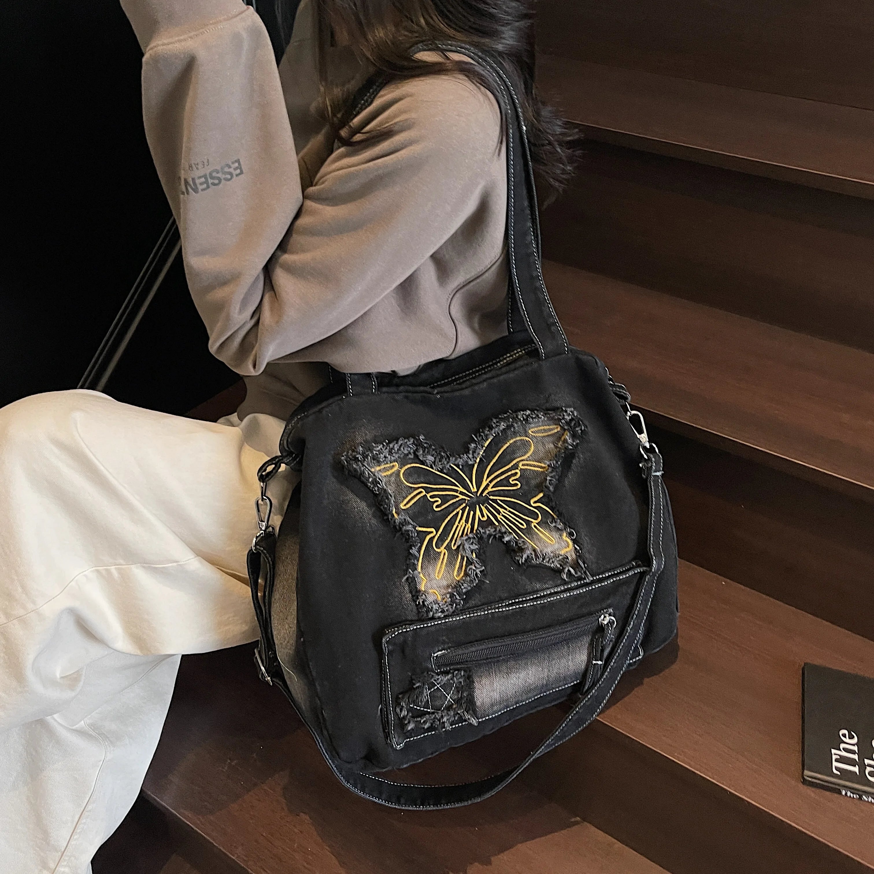 Qfdian Large Capacity Canvas Shoulder Bags Butterfly Denim Casual Totes New In 2025 Leisure Or Travel Bags Lady Sweet Packages Women