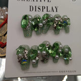 Qfdian 10Pcs High Quality Handmade Press on Nails Sweet And Cool Girl Style Rhinestone Full Setting Celebrity Nail Art: Dark Green