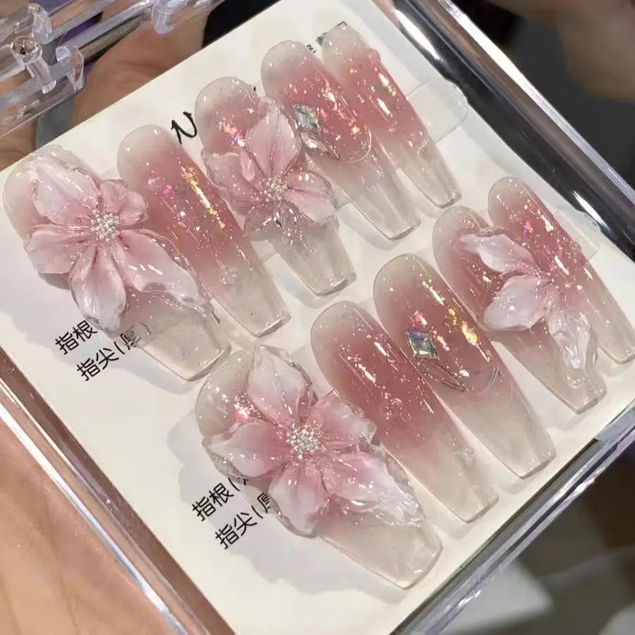 Qfdian 10Pcs Handmade Gradient Pink Fake Nails Long Press On Nails French False Nails 3D Pink Flowers Decor Wearable Press on Nails