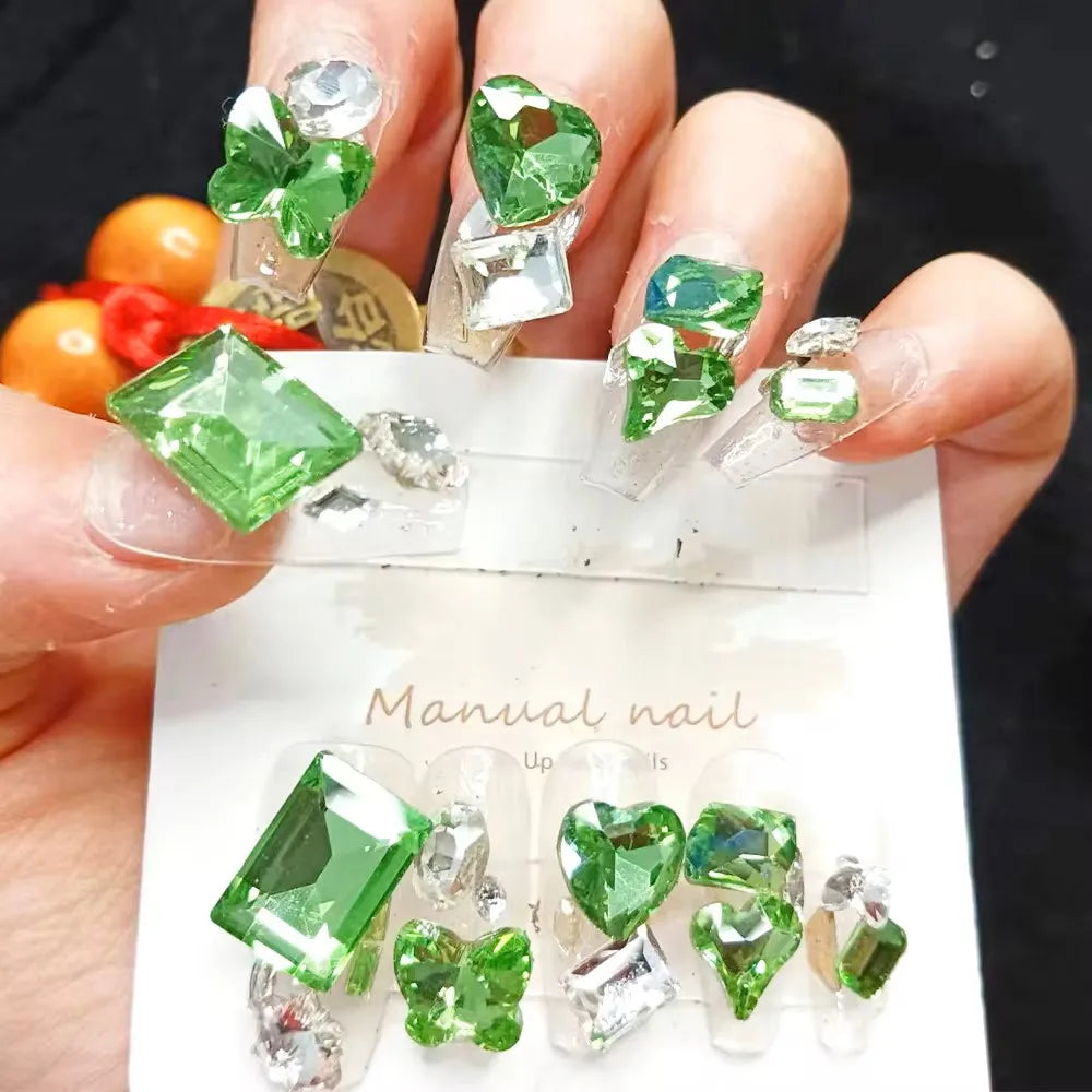 Qfdian 10pcs High Quality Handmade Press on Nails BLingBLing Green Starry Sky Shining Eyes Nail Equipment Nails for Kids Girl