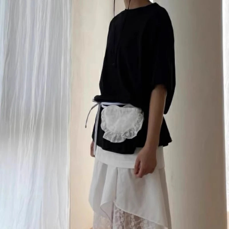 Qfdian Korean Fashion All Match Bandage Lace Mini Handbags Layered Fairy Sweet Kawaii Bags Women Trendy Y2k Aesthetic Chic Waist Packs