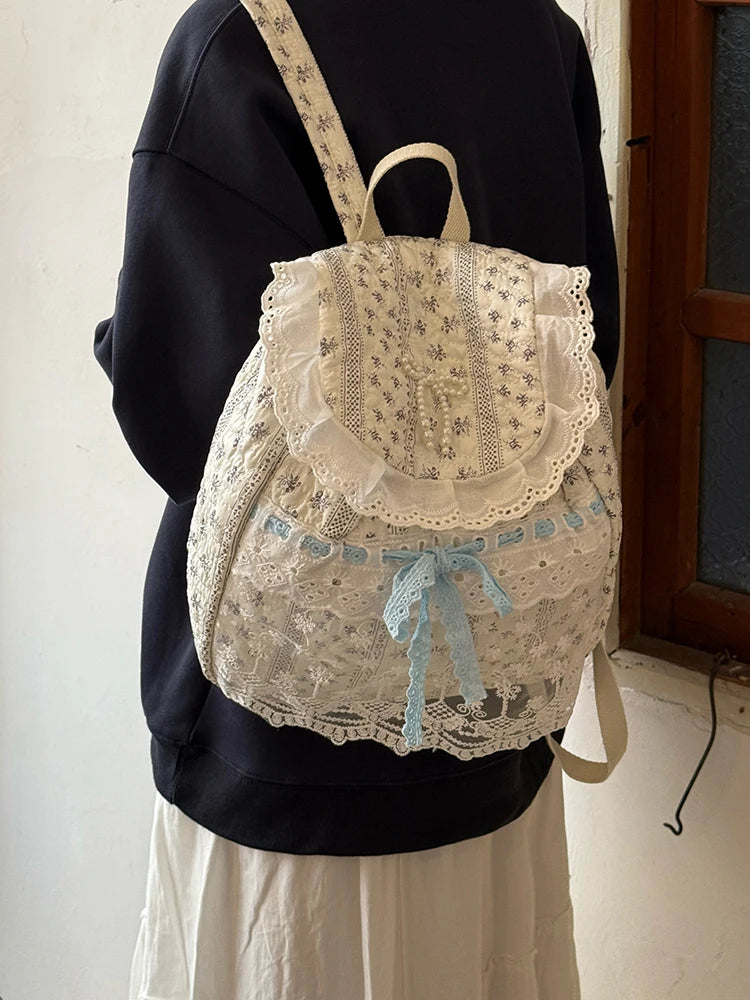Qfdian Korean Lace Patchwork Sweet Bow Backpack Women Students Chic Flower Print Bow Schoolbags Y2k Aesthetic Girls All Match Backpacks