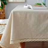 Qfdian Beige Daisy Lace Tassels Cotton Tablecloth Rectangle Table Cover for Tea Table Decorations Kitchen Living Room Wedding Party Use