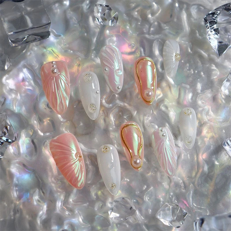 Qfdian 10pcs Almond Handmade Press On Nails Pearl Shell Aurora Design Meddle-length Full Cover Wear Manicure Art Finger Tips Decoration