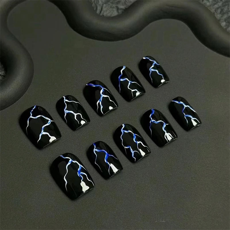 Qfdian Short Handmade Black False Nails Press on Nails Complete Acrylic Nail Tips Round Head Reusable Adhesive Artificial Fingernail