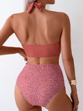 2 Piece Crisscross Halter Ring Bikini Top and Polka Dots Print Ruched High Waisted Bottoms Set - High Stretch, Machine Washable, Knit Fabric, Random Printing - Womens Swimwear for Summer Beach Vacation