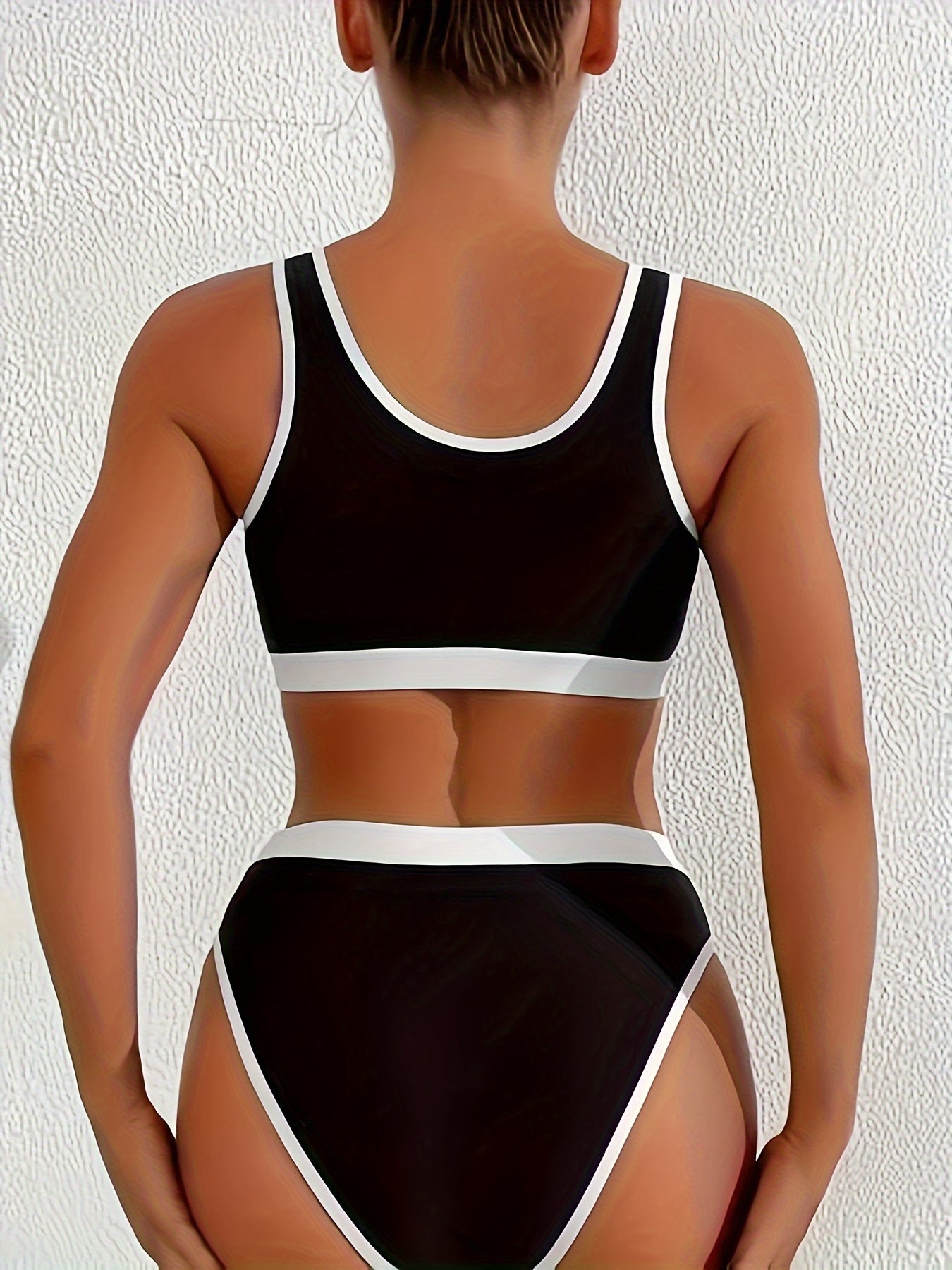 Women's Two-Piece Bikini Set, High-Waisted Bottoms, Sporty Top, Contrast Trim, Summer Swimwear, Beachwear