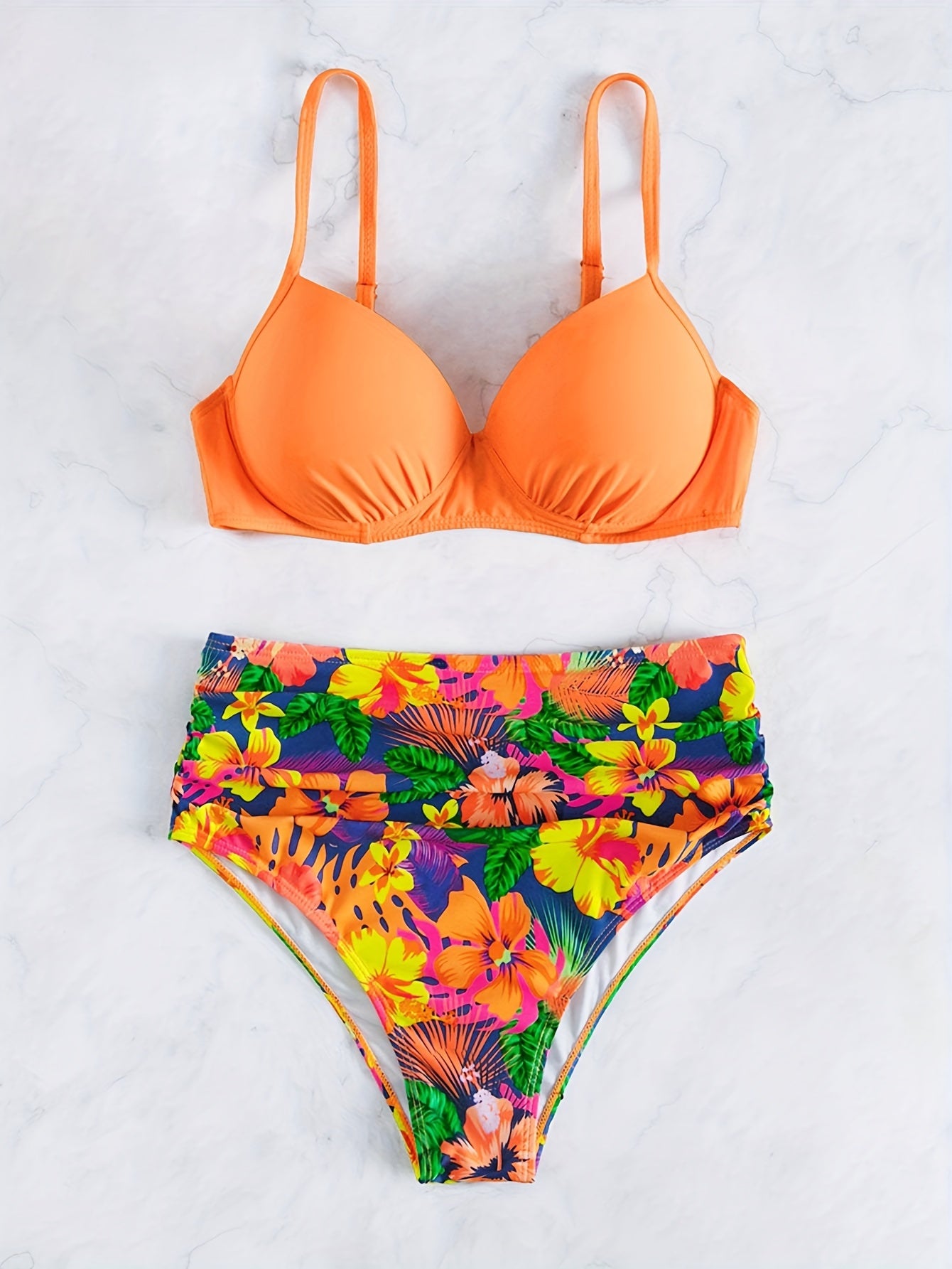 Tropical Print 2 Piece Set Bikini, V Neck High Waist Swimsuits, Women's Swimwear & Clothing