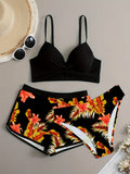 3 Piece Set Floral Leaf Print Swimsuits - Women's Swimwear Sets with Cross Spaghetti Strap Push Up Bikini, Boxer Shorts, Stretchy Fabric, and Comfortable Design for Beach and Pool