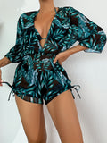 3-Piece Leaf Print Bikini Set - Flattering Halter Neck, High Waist, Adjustable Drawstring Cover Up - Perfect for Koningsdag/Kings Day Celebrations - Stylish Womens Swimwear Ensemble