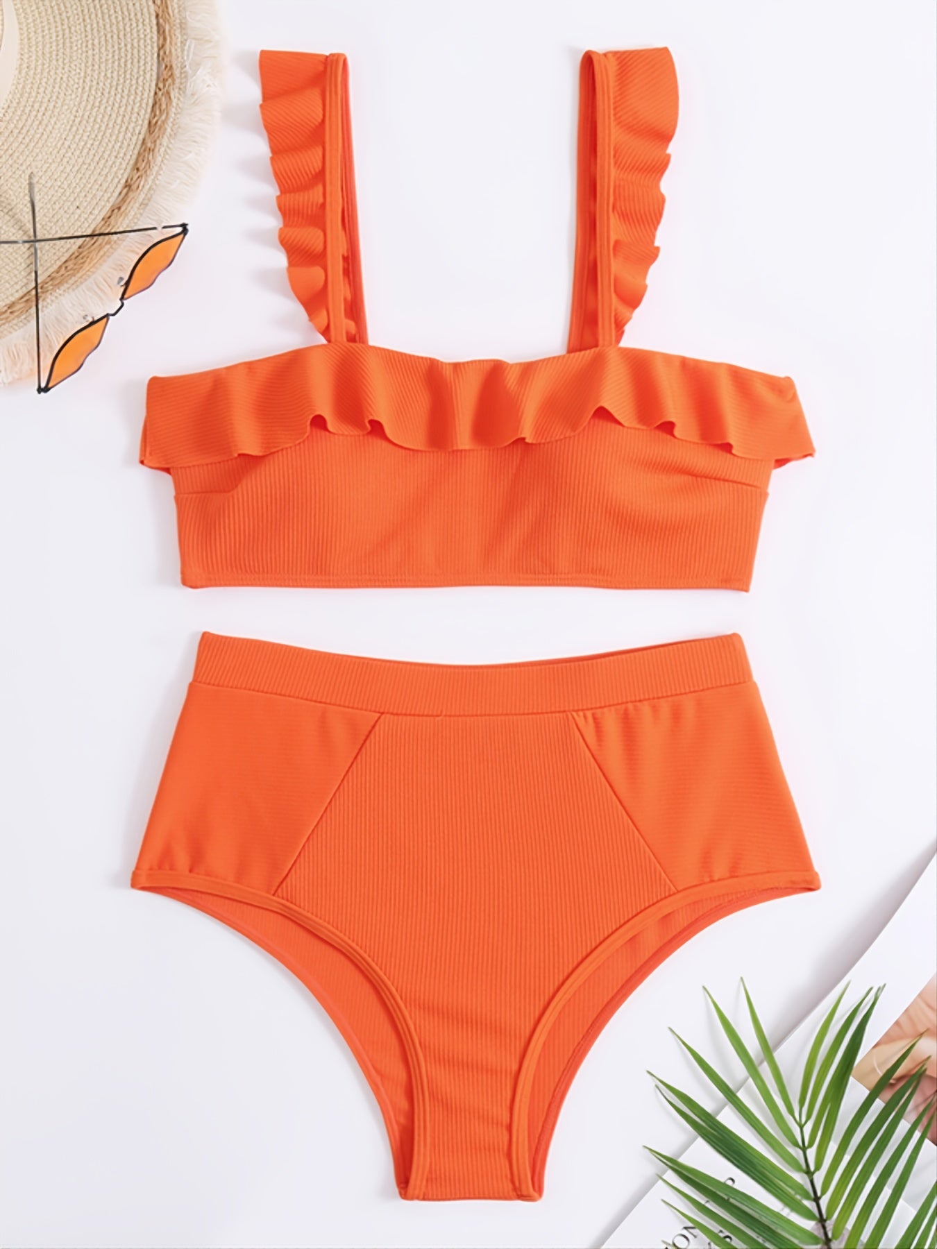 High Waist Ruffled Trim Two Piece Bikini Sets Swimsuit, Women's Tummy Control Swimwear with Shoulder Straps