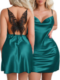 Women's Sexy Solid Satin Butterfly Lace Sleepwear Dress, Turtleneck Backless Slip Dress, Comfortable Nightgown