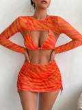 4 Piece Striped Print Bikini Set - High Stretch, Long Sleeve, Halter Neck, Tie Side, Knotted, Machine Washable - Customized Geometric Pattern Swimwear for Women