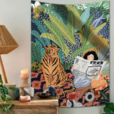 Qfdian Jungle Tiger & Girl Wall Tapestry