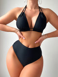 2 Piece Set Bikini - Sexy Halter V Neck Tie Back Backless High Waist Swimsuit with Triangle Top - Comfortable Women's Swimwear & Clothing for Summer Beach Vacation