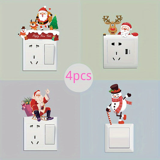 4pcs Christmas Wall Decals Set - Santa, Snowman & Reindeer Switch Stickers for Living Room, Bedroom & Bathroom - Matte Finish, Easy Apply PVC Home Decor