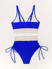 2 Piece High Waist Contrast Band Drawstring Bikini Swimsuits, Women's Swimwear & Clothing Set